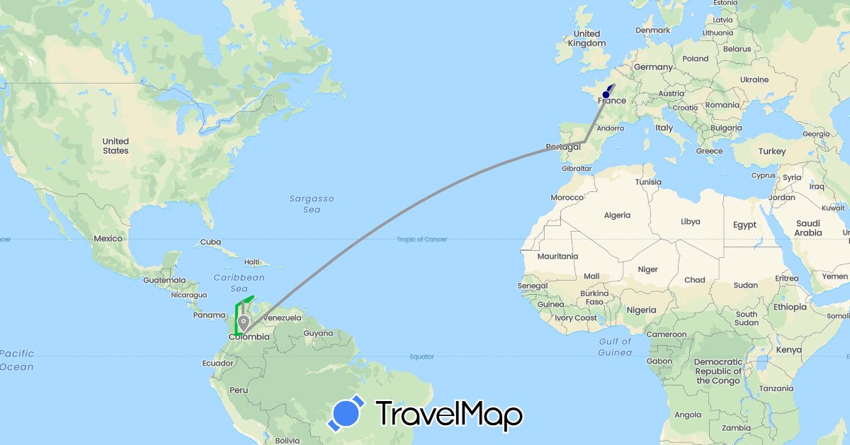 TravelMap itinerary: driving, bus, plane in Colombia, Spain, France (Europe, South America)